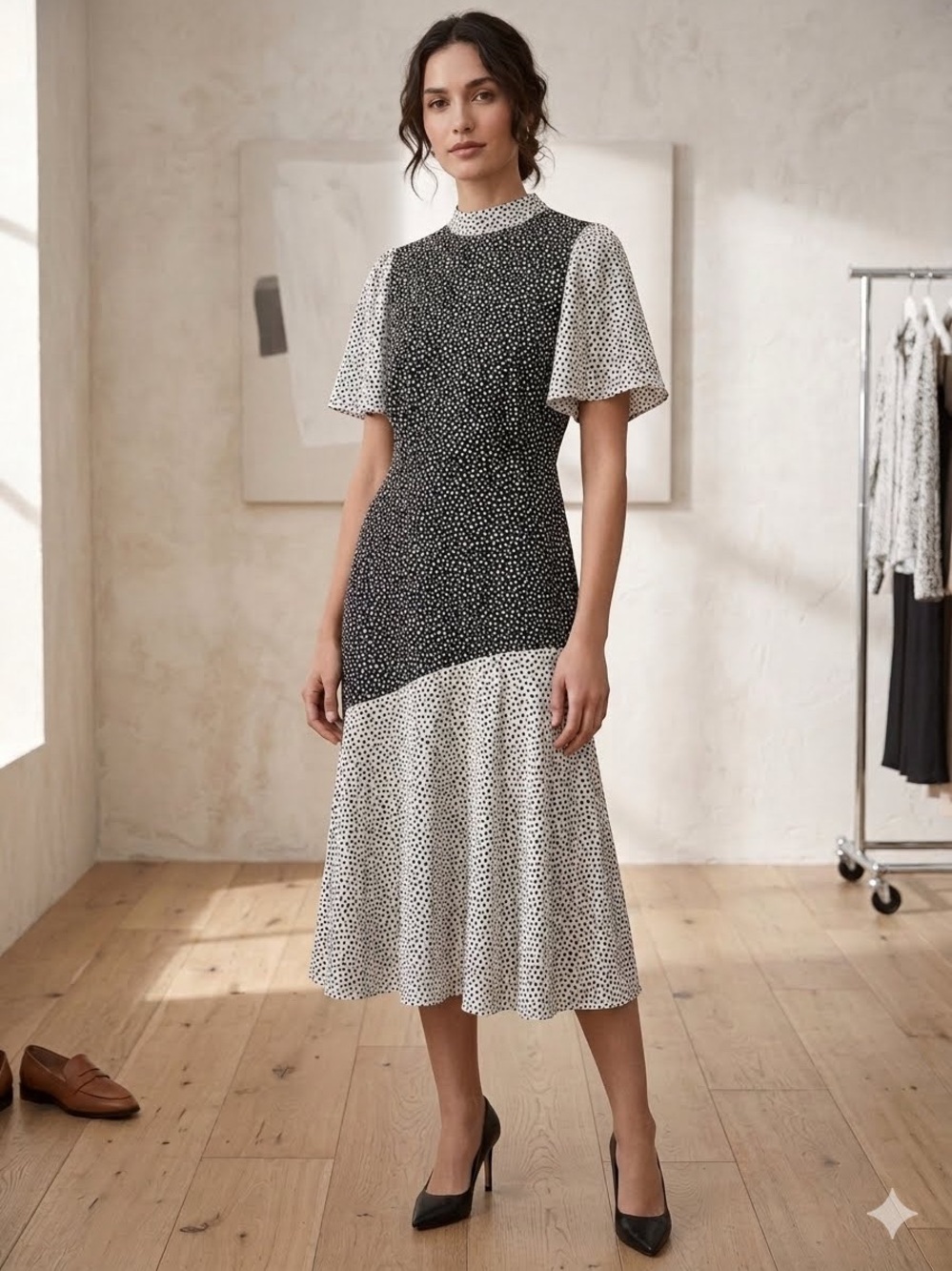 Ann Taylor Black and White Heart- Shaped Polka Dot Midi Dress